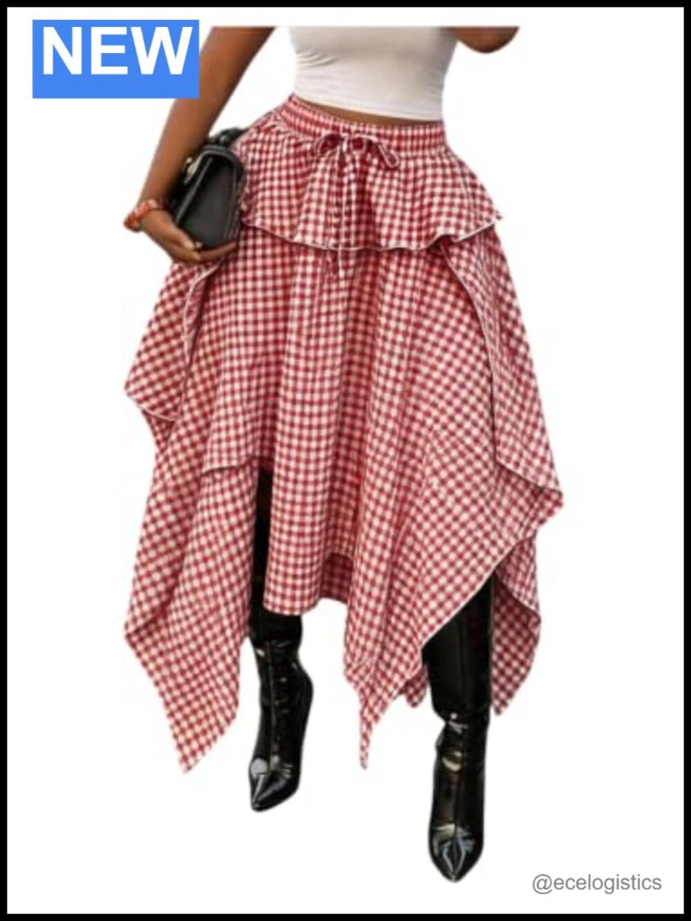 Layered Ruffle Midi Skirt Plaid Pattern High Rise Drawstring A-Line Streetwear
